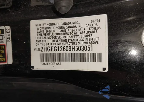 2009 Honda Civic Lx z USA, uszkodzony, nr VIN 2HGFG12609H503051
